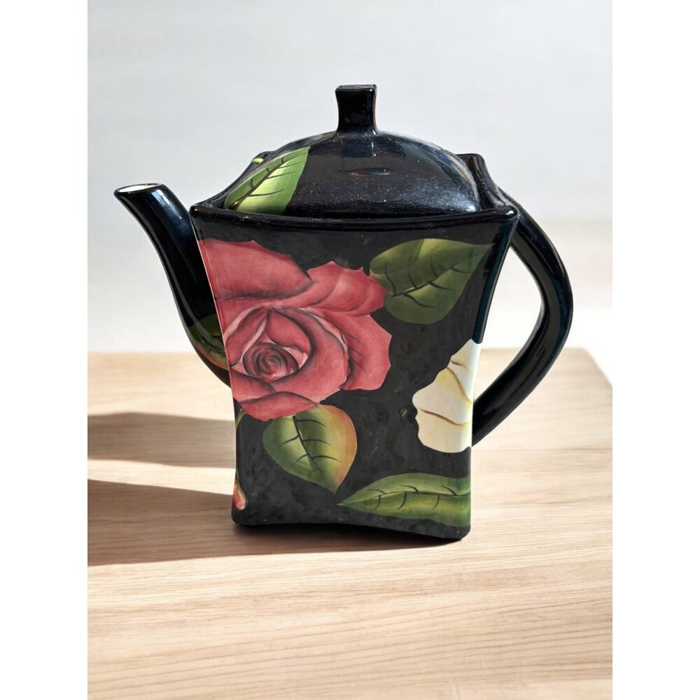 Vintage Pacific Rim Hand Painted Floral Square Tea Pot Rose, Iris, Lily 9"